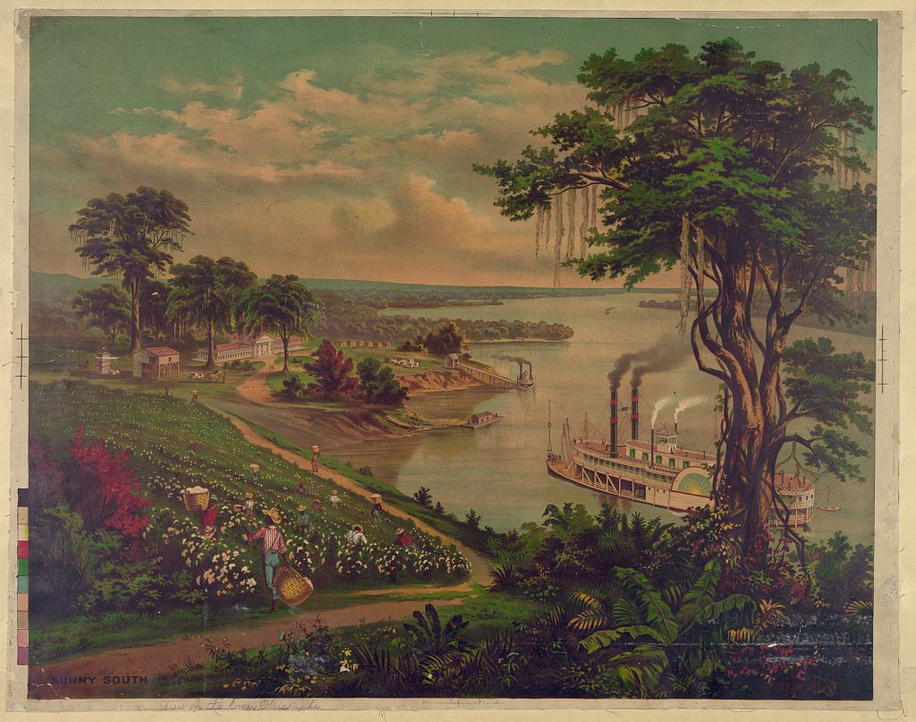 African Americans picking cotton, riverboats on river, plantation house in distance.