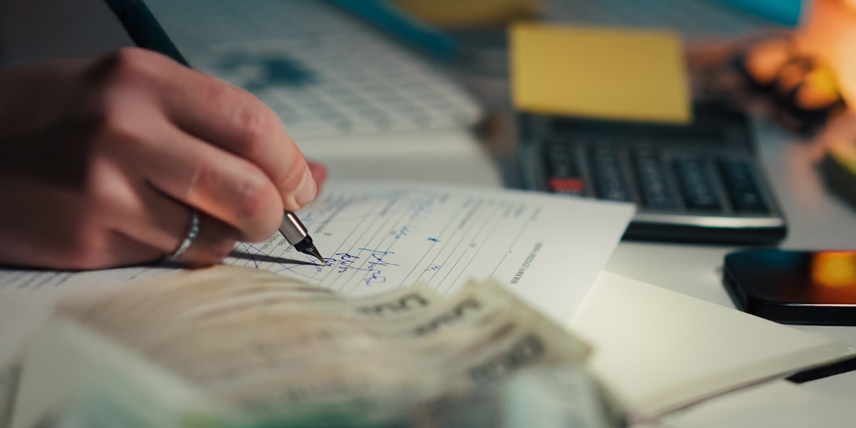 Notebook with calculator and cash, representing pricing models in the trades