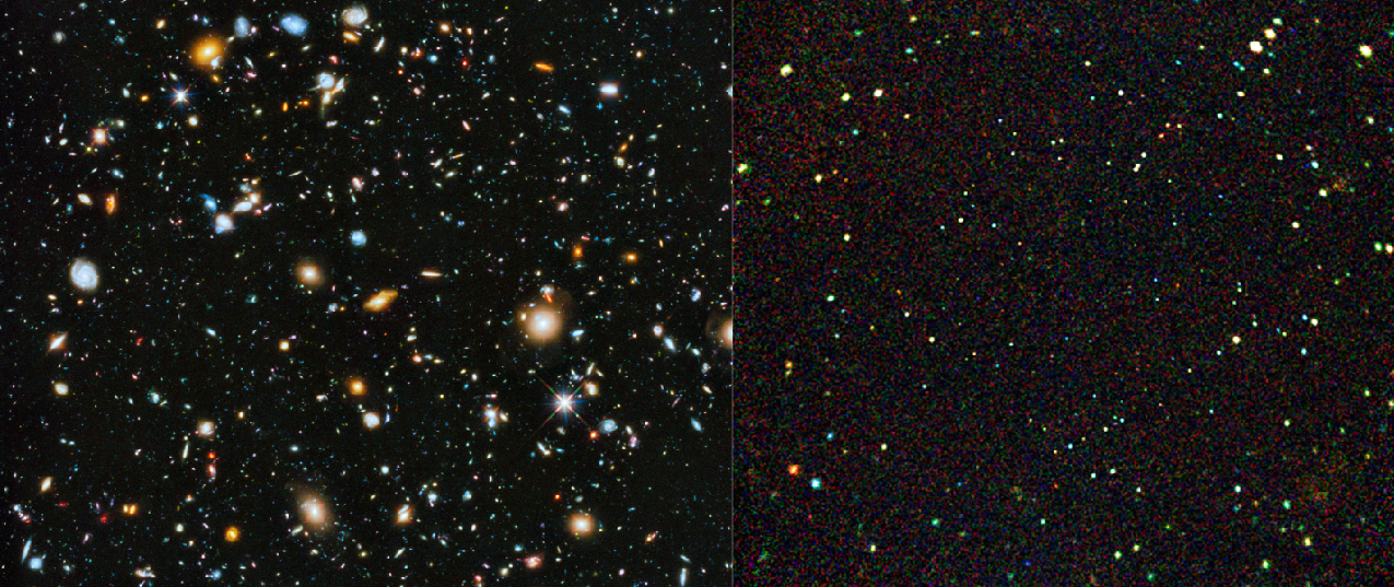 The Distant Universe. The panel at left shows the deepest picture of the sky in visible light. The filed is uniformly scattered with galaxies of all types. The panel at right is the deepest picture of the sky taken in X-rays. The field is uniformly covered with tiny points of light, much smaller than the images of galaxies seen on the left.