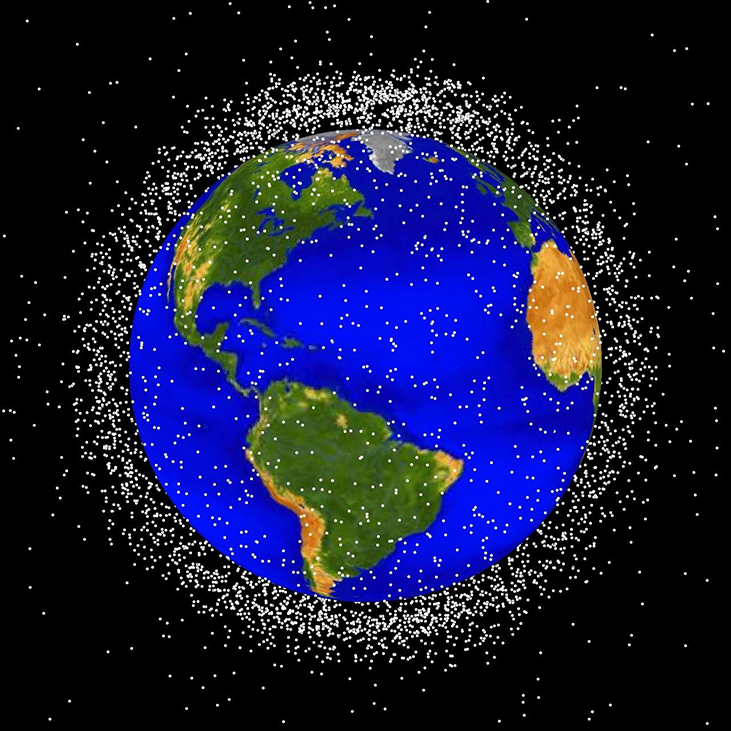 Satellites in Earth Orbit. The thousands of objects orbiting the Earth are represented as white dots surrounding the planet in this illustration. Most of the objects are in low Earth orbit, roughly between about 100 to 1000 miles.