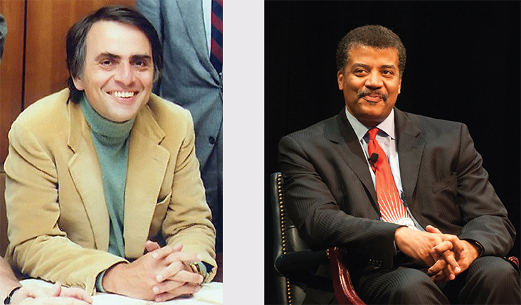 Left image: photograph of Carl Sagan. Right image: Photograph of Neil deGrasse Tyson.