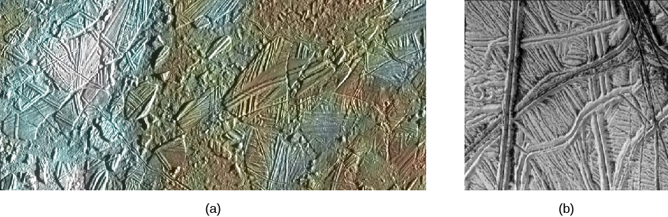Image A is a close-up on the Conomara Chaos area on Europa showing an area of 70 km of icy crust. Image B is a high resolution view of the ice, which is wrinkled with ridges.