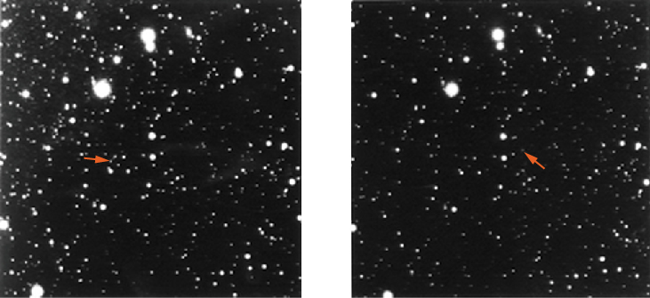 An image demonstrating the motion of Pluto. On the left Pluto’s location in the night sky on January 23, and on the right Pluto’s location has moved on January 29.