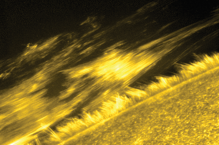 An image of a portion of the transition region of the corona, showing a filament, or ribbon-like structure made up of many individual threads.