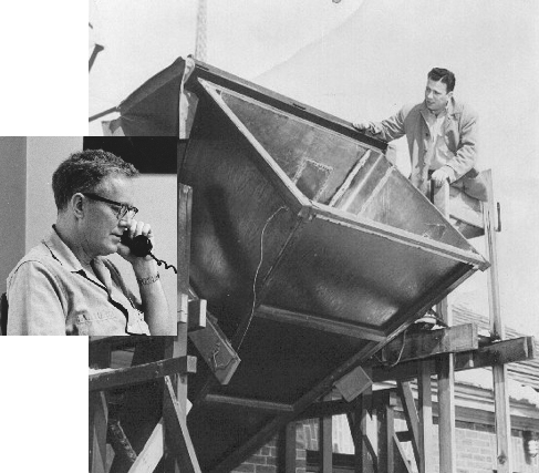 Photograph of Harold Ewen inspecting the horn antenna at Harvard. Inset: photograph of Edward Purcell.