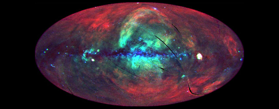 In this image of the X-ray sky the dark, dusty plane of the Milky Way runs from left to right across the center of the picture. Blue light (1.5 keV) is scattered all along the lower portion of the dark band of the Milky Way. At center, extending above and below the dark band is a circular region of green (0.75 keV), and covering the entire image is the red glow of 0.25 keV X-rays.
