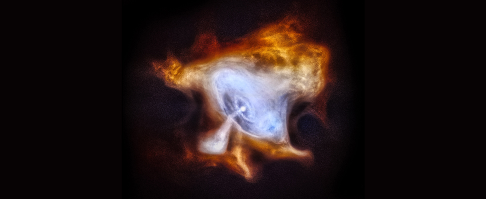 The Crab Nebula. At center, the pulsar is drawn as a white spot in the middle of concentric rings drawn in blue. A white jet of material spews from the pulsar toward the lower left part of the image. The pulsar, rings and jet are surrounded by a diffuse cloud of gas drawn in yellow.