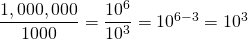 \dfrac{1,000,000}{1000} = \dfrac{10^6}{10^3} = 10^{6-3} = 10^3