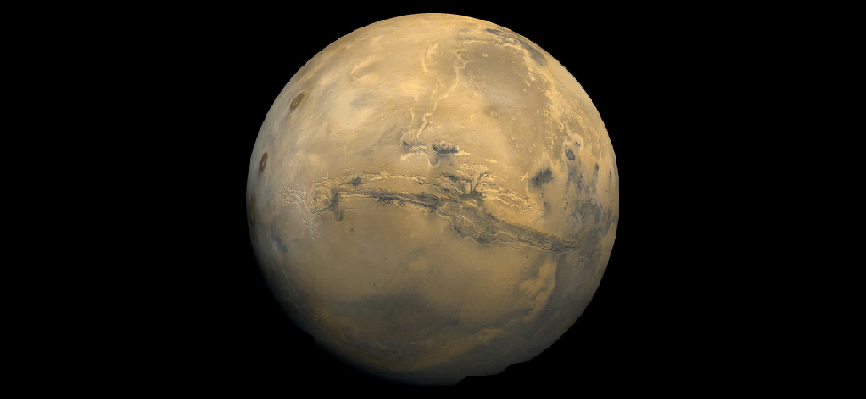 Image of the Planet Mars. This composite image is centered on the Valles Marineris (Mariner Valley) region near the Martian equator.
