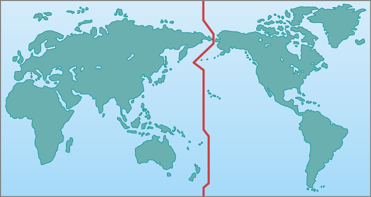Map of the Earth Indicating the International Date Line. On this map, centered on the Pacific Ocean, a red line representing the IDL is drawn from north to south across the entire Pacific. It zig-zags a bit to avoid crossing landmasses or islands.