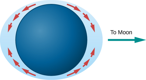Tidal Bulges. In this illustration, the Earth is drawn as a dark blue disk within a light blue ellipse representing the oceans. The perimeter of the ellipse comes closest to the Earth’s surface at the poles and is furthest away at the equator. Red arrows are drawn showing the flow of water from the poles to the equatorial bulges. An arrow points from the right-hand bulge toward the right and is labeled “To Moon”.