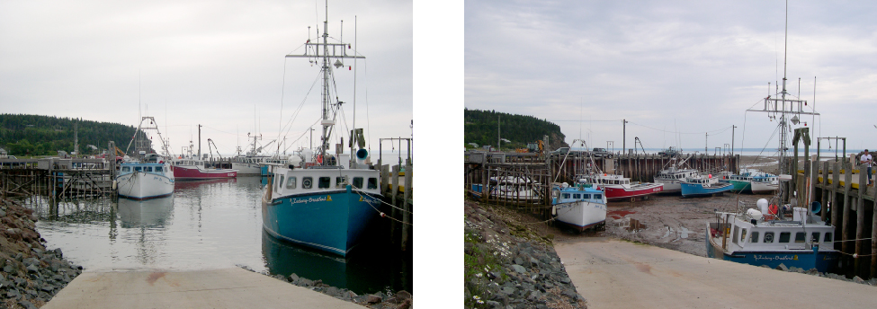 Photographs of High and Low Tides in the Bay of Fundy. At left high tide is shown, with the bay full of water. At right is low tide, no water is seen and the boats are all lying on the exposed ground.
