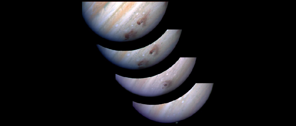 Hubble Space Telescope Images of Jupiter with Huge Dust Clouds. Four separate images of Jupiter are combined into a single frame showing the effects of the collision of Comet Shoemaker–Levy 9. The bottom-most image taken at the time of impact shows Jupiter as yet undisturbed by the impact. Next, a large bulls-eye shaped dark cloud appears at the impact site several hours later. In the next image the cloud begins to disperse. Finally, in the upper-most image taken 5 days after impact, the cloud has dispersed even further.