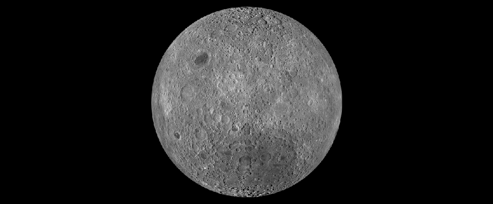 Image of the Moon taken by the Lunar Reconnaissance Orbiter. This composite image shows the Lunar surface not seen from Earth. This region is so heavily cratered that most overlap. Only one small mare (Lunar “sea”) is seen at upper left.