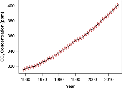 Graph of the Increase of Atmospheric Carbon Dioxide over Time. The vertical axis at left is labeled “CO2 Concentration (ppm)”, and goes from 320 at bottom to 400 at top in increments of 20. The horizontal axis is labeled “Year”, and goes from 1960 at left to just beyond 2010 at right, in increments of 10. A nearly straight black line begins in 1960 at 320 ppm and rises inexorably to 400 ppm in 2010. Over-plotted on the black line is a jagged red line which connects the data points that lie above and below the averaged black line. The data points capture the seasonal variations that exist due to the loss of foliage in winter.