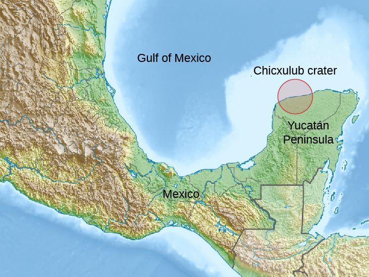 Illustration of the Site of the Chicxulub Crater. The location is indicated with a circle overdrawn on the upper northwest corner of the Yucatan Peninsula in Mexico. Approximately half of this circle is on land, the other half lies on the Gulf of Mexico. Also shown on the map are the surrounding countries of Belize, Guatemala, Honduras, and Cuba.