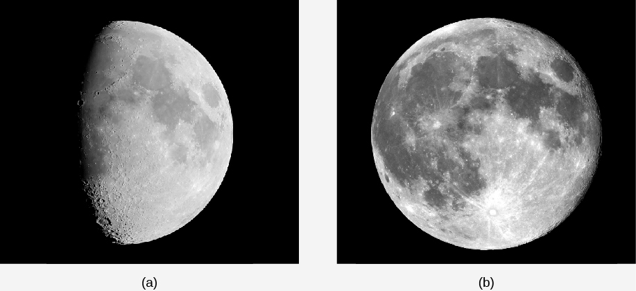 Photographs of the Moon at Different Phases. In figure (a) the Moon is illuminated from the right. Shadows from crater walls stand out sharply along the terminator, and the contrast between the highlands and maria is low. Figure (b) shows the full Moon. No shadows are seen, and the contrast between the highlands and maria is high.