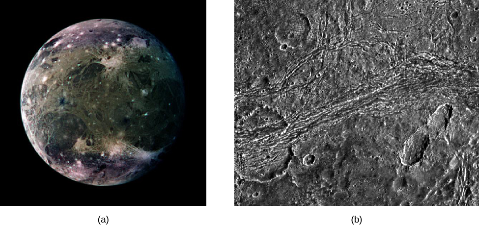 Image A is a global view of Ganymede. Image B is a close up of the Nicholson Regio on the surface of Ganymede, showing an old impact crater that has been deformed by tectonic forces.