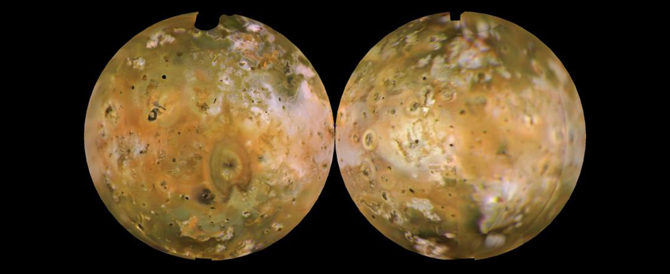 Two images of front and back comparison of the moon Io, showing that it is volcanically active.