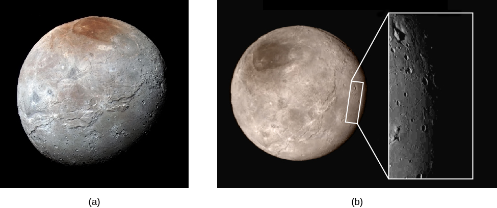 Image A is of Charon, showing the polar cap at the top. Image B is of Charon from a different angle, with an inset highlighting a depression in the surface which appears to contain a mountain.