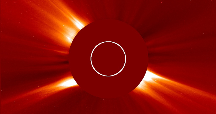 An image of a coronagraph. In the center is a circular disk that blocks the sun, and around it is the corona.