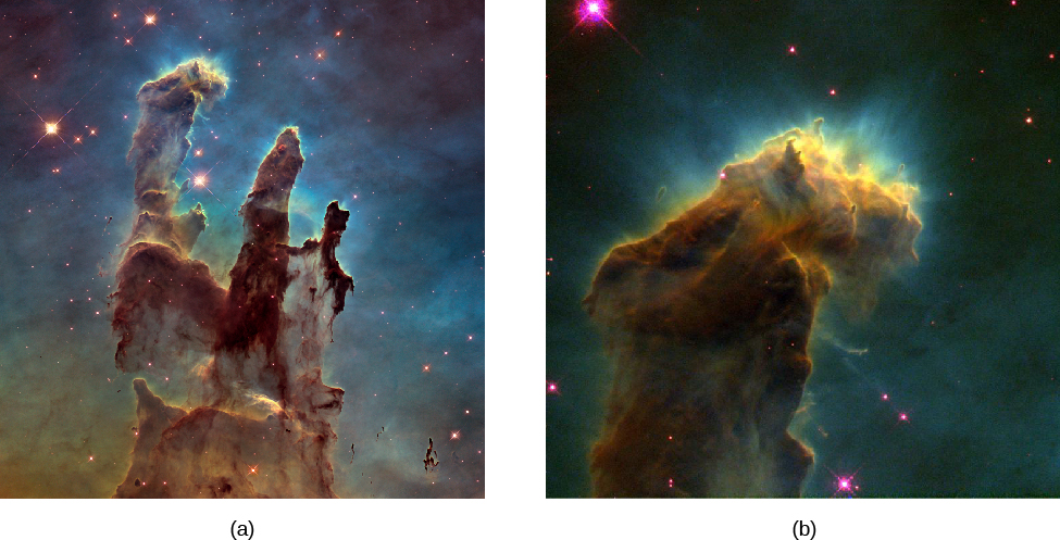 Two Images of the Eagle Nebula (M16). Figure a shows the central region of the nebula, with two huge columns gas and dust silhouetted against the bright nebulosity in the background. Figure b shows a close-up of one of the columns of gas and dust. Along the bright portion of the top edge of the column, thin wisps of gas are seen radiating off and away from the pillar. This structure is known as an evaporating gas globule.