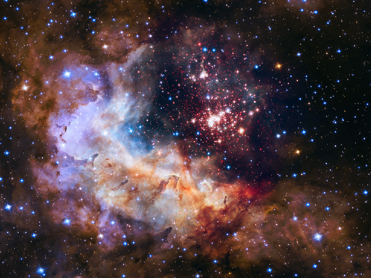 Image of Westerlund 2. Near the center of the image is the tight cluster of recently formed stars, with very little nebulosity surrounding them. Below and to the left is an arc-shaped region of nebulosity which extends out to near the edge of the image. The portion of the nebula nearest the star cluster is fairly smooth and featureless. The outer portions of the gas cloud farther from the cluster contains dark silhouetted pillars and globules, similar in appearance to those seen in the Eagle Nebula.