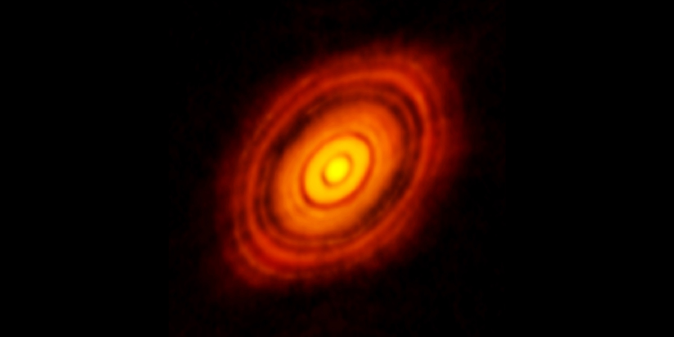 Near-Infrared Image of the Dust Ring Orbiting the Young Star HL Tauri. The ring surrounding the star is seen here nearly face-on, and thus appears nearly circular. There are many dark gaps in the rings, similar to the appearance of the rings of Saturn. These gaps reveal the presence of emerging planetary bodies forming in the disk around HL Tauri.