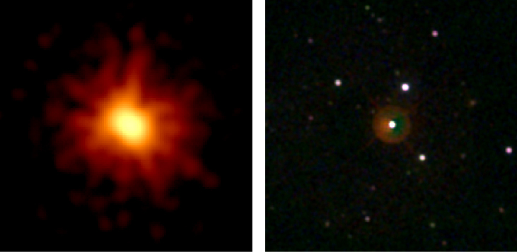 Gamma Ray Burst observé en mars 2008. L'image de gauche montre GRB 080319B dans les rayons X sous la forme d'un noyau allongé et brillant avec de faibles flux de lumière se projetant vers l'extérieur à partir du centre. L'image de droite montre le même objet en lumière visible, apparaissant maintenant comme une faible lueur circulaire rouge entourant une étoile près du centre de l'image.