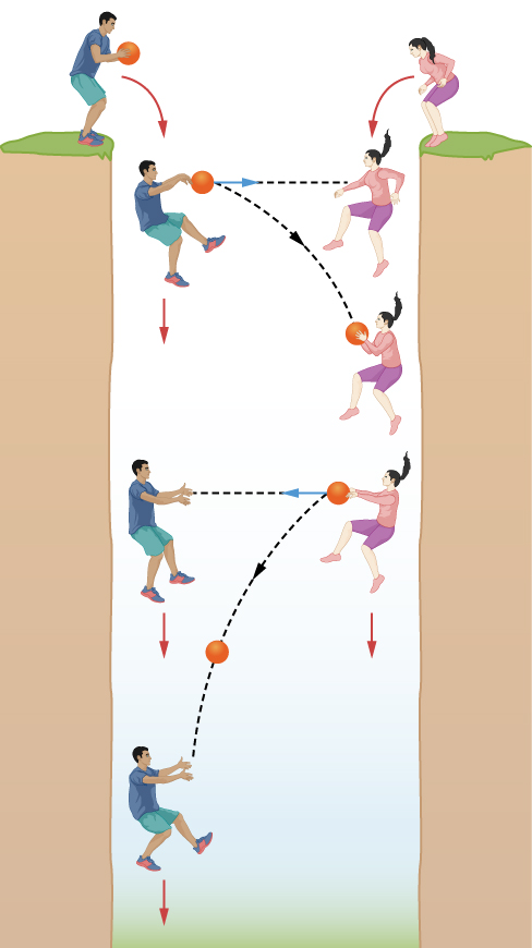 Free Fall. Two figures are drawn on opposite sides of a deep abyss. The figure at left holds a ball and both figures jump into the chasm at the same time. As the figures fall they pass the ball back and forth between them. From their perspective, the ball passes between them horizontally, indicated with a horizontal arrow connecting the figures when the ball is released. But from the perspective of an outside observer, the ball travels in a downward arc, indicated with a curved arrow drawn from where one figure releases the ball and where the other actually catches it.