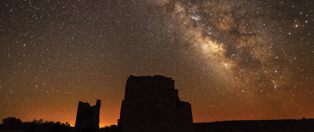 The Milky Way. The central bulge of the Milky Way (to the right of center) shines brightly in the dark Utah skies. Silhouetted in the foreground is Square Tower in Hovenweep National Monument.