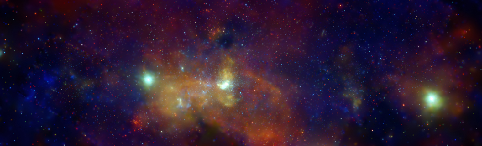 Galactic Center in X-rays. The galactic center is seen in this image as an irregular white source at center, surrounded by clouds of hot gas. Bright supernova remnants are seen to the left of center and at far right as blue-green blobs. The colors in this false-color image indicate X-ray energy bands: red (low energy), green (medium energy), and blue (high energy).