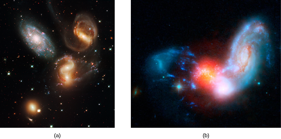 Starburst Associated with Colliding Galaxies. Panel a, at left, shows three of the galaxies (to the right of center) in the small group known as Stephan’s Quintet that are interacting gravitationally with each other, resulting in the distorted shapes seen here. Panel b, at right, shows galaxy II Zw 096. This combined image using both Hubble and Spitzer Space Telescope data shows that it is forming bright clusters of new stars at a prodigious rate. The blue colors (left and right of center) show the merging galaxies in visible light, while the red colors (at center) show infrared radiation from the dusty region where star formation is happening.