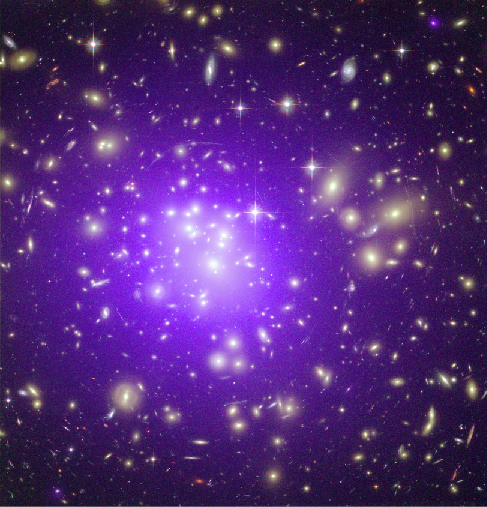 X-ray Image of a Galaxy Cluster. This composite image shows the galaxy cluster Abell 1689. The diffuse glow of X-rays, shown in purple, completely fills the central regions of this distant galaxy cluster.