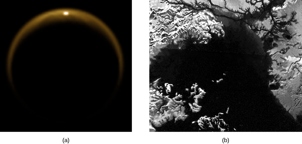 Image of Saturn’s Moon Titan from NASA’s Cassini Mission. In panel (a), at left, Titan appears as a hazy crescent in this backlit view from Cassini. Panel (b), at right, presents a radar image of the surface of Titan. It appears very much like an aerial view of a lake on Earth, with rugged shorelines, islands and river channels leading into the lake.