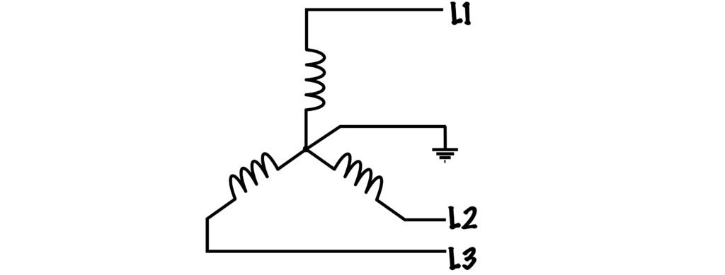 A circuit diagram with three lines connected in Wye configuration.