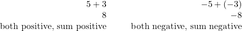 \begin{array}{cccc}\hfill 5+3\hfill & & & \hfill -5+\left(-3\right)\hfill \\ \hfill 8\hfill & & & \hfill -8\hfill \\ \hfill \text{both positive, sum positive}\hfill & & & \hfill \text{both negative, sum negative}\hfill \end{array}