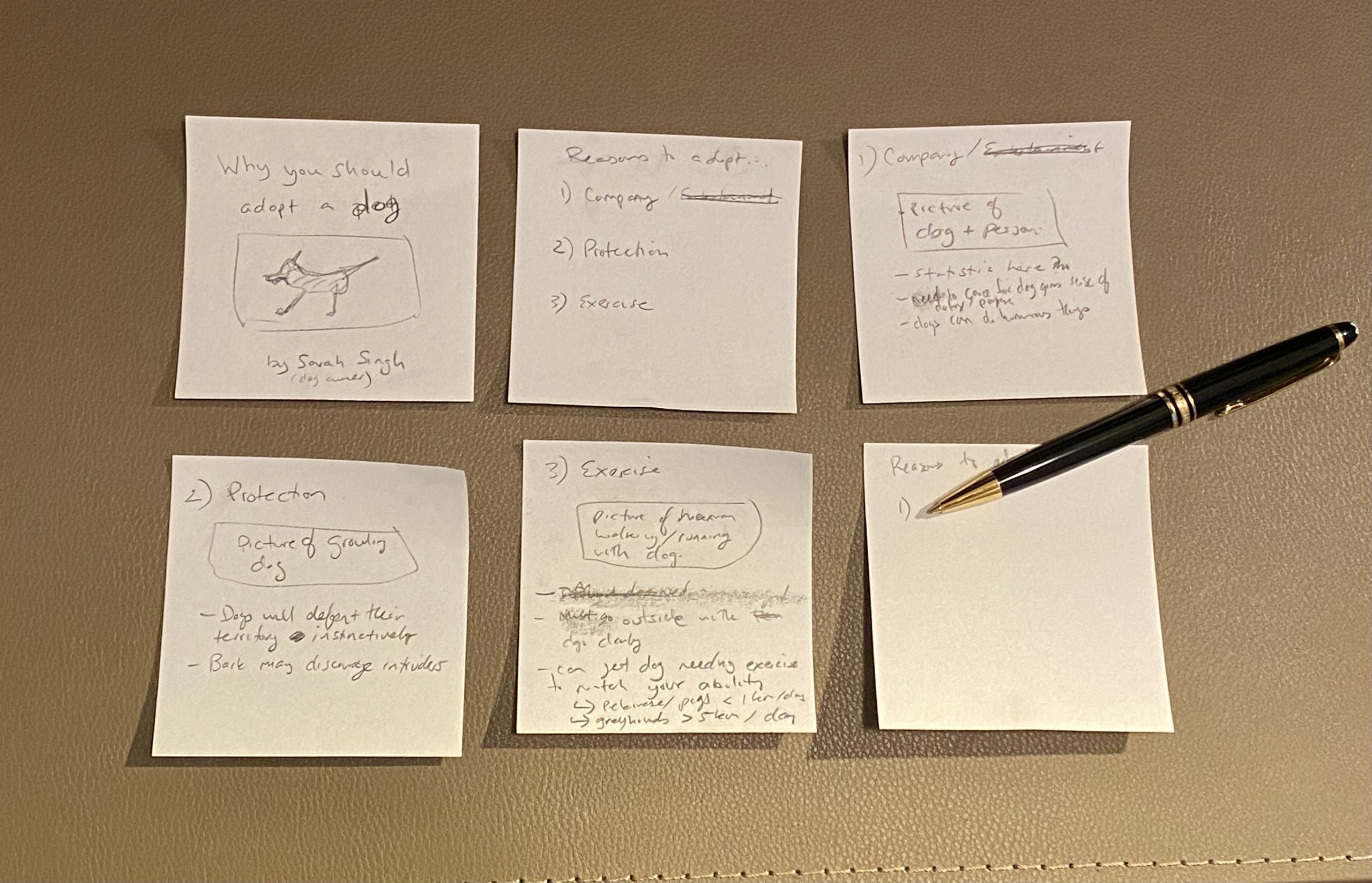 You can use sticky notes to create your storyboard, with each sticky note representing a single slide. This will allow you to quickly change the order or replace a draft slide without having to erase or start from scratch.