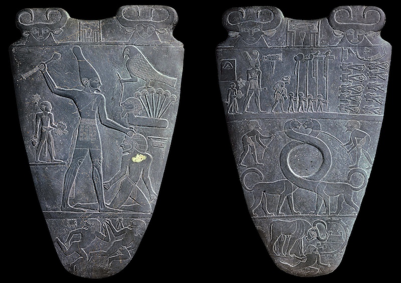 Palette of King Narmer, from Hierakonpolis, Egypt, Predynastic, c. 3000-2920 BCE, slate, 2′ 1″ high (Egyptian Museum, Cairo)