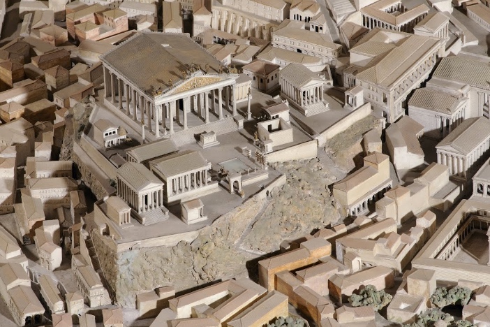 Italo Gismondi, scale model showing the Temple of Jupiter Optimus Maximus on the Capitoline Hill in Rome during the time of Constantine (early 4th century), abutting the Roman Forum (below, right) and Imperial Fora (to the right) (Plastico di Roma Imperia