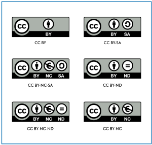 Six Creative Commons licence buttons. Each is made of small, round icons inside rectangles.