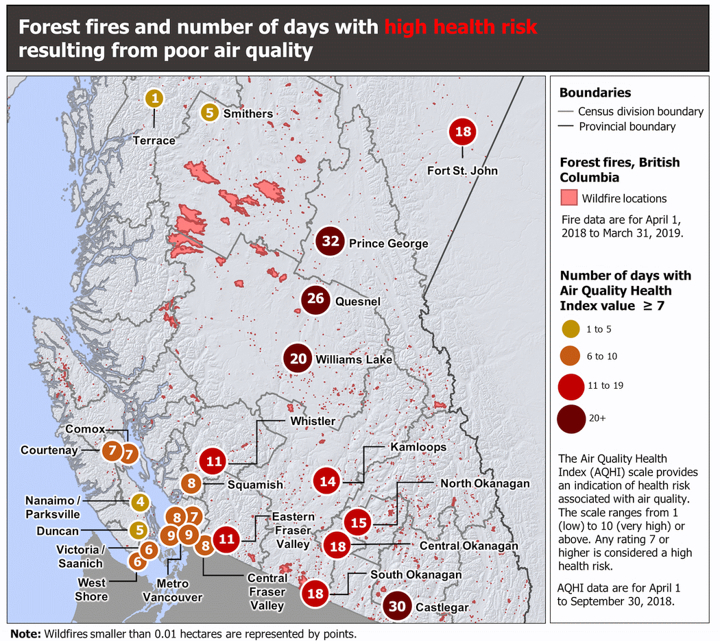 Map of BC forest fires and the number of days with high health risks resulting from poor air quality. Greatest number of affected days are in the interior of the province with 20+ days