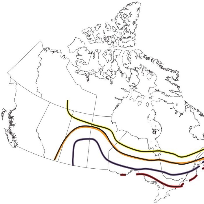 Map of Canada with colour-coded lines representing deer tick range as a result of climate change. Range spreads from eastern provinces across to eastern Alberta and Southern Northwest Territories