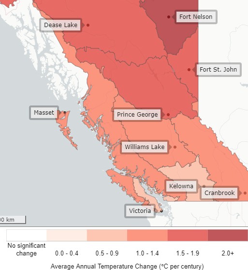 Map of BC showing average annual temperature change in the province. Darkest areas, representing a 2.0+ temperature change per century are in the northern parts of the province. Gradually less of an average annual change in the more southern regions of the province