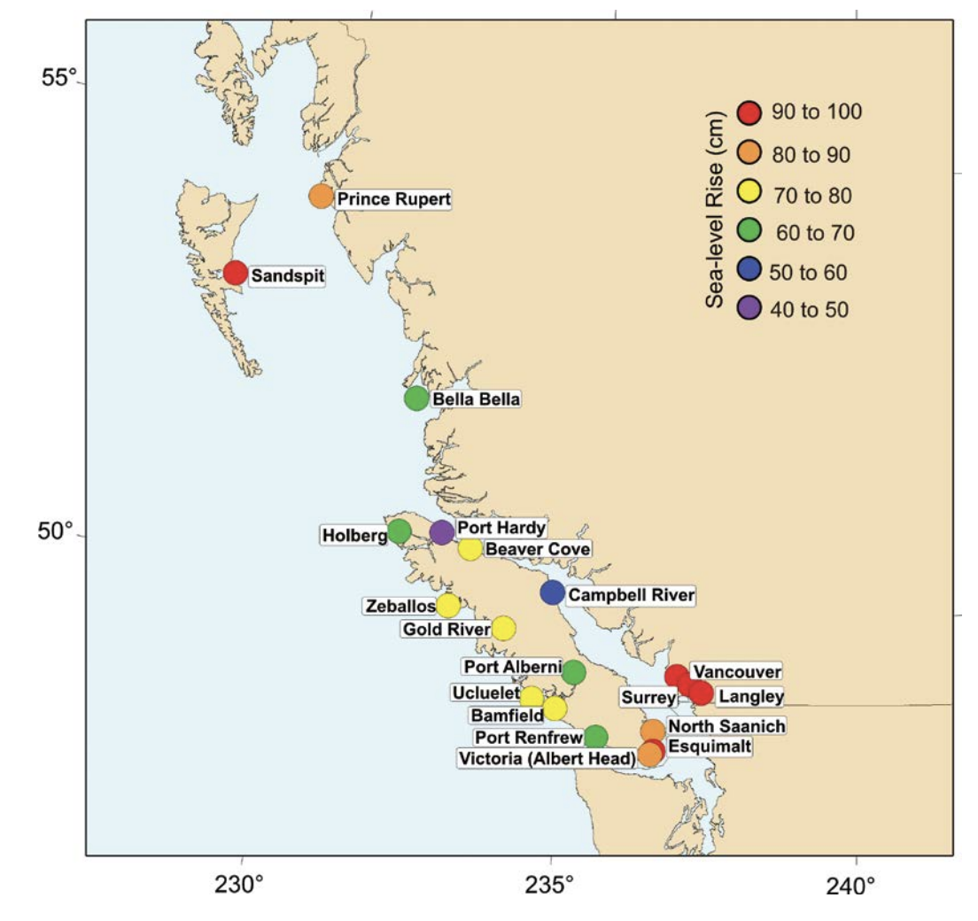 Map of western BC showing projected sea-level rise in cm for coastal communities. Greatest sea level rise expected in lower mainland, between 90 to 100cm by 2100