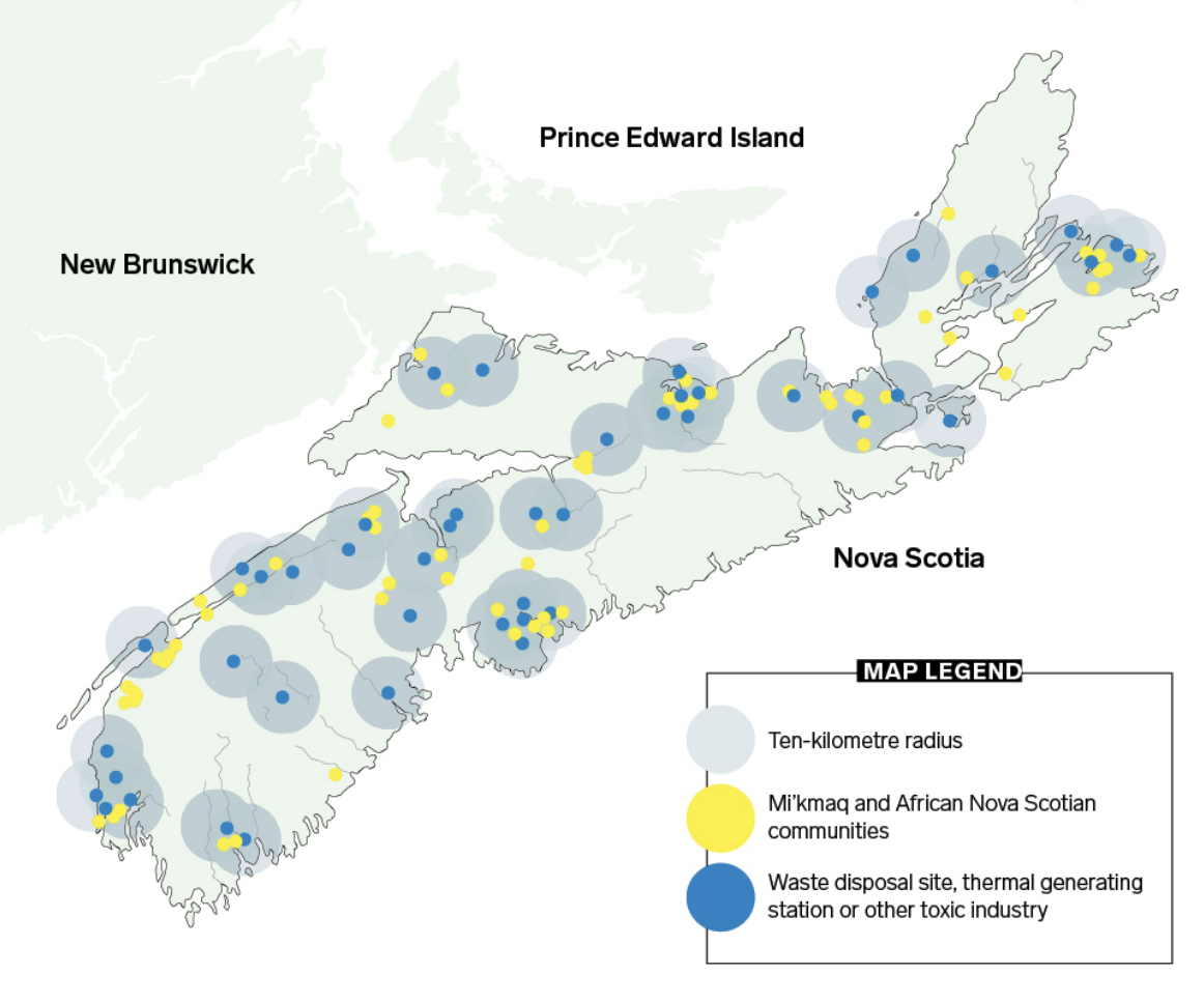 Map of Nova Scotia showing 10km radius from waste disposal sites, thermal generating or other toxic industry to Mi'kmaq and African Nova Scotian communities