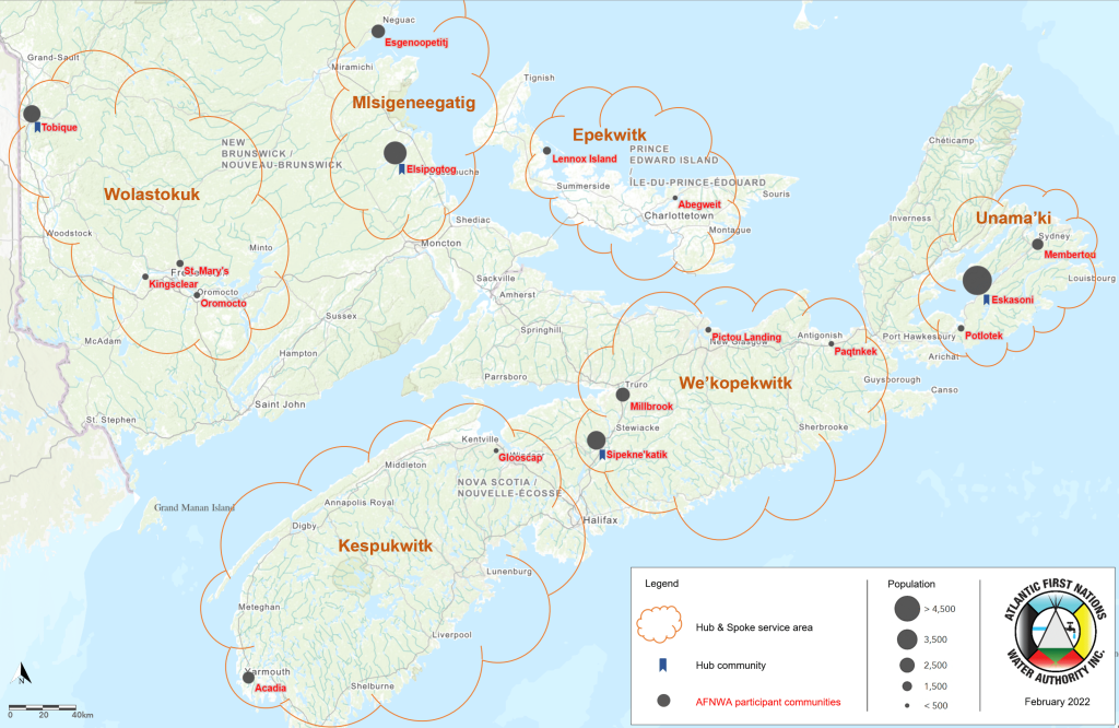Map of Nova Scotia and hub and spoke water system with AFNWA participating communities identified