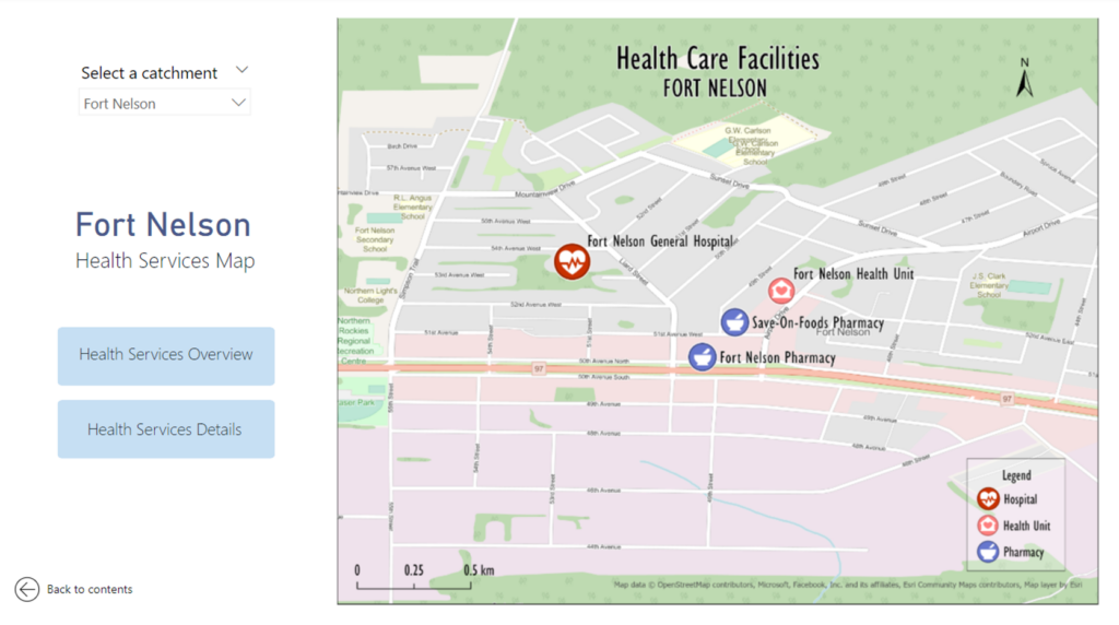Screenshot of dashboard page with the map of health service facilities in Fort Nelson