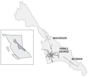 Overlay of 1-hour surface travel-time catchments on the Prince George Local Health Area, demonstrating how data from the smaller communities of Mackenzie and McBride would be obscured by the larger referral centre of Prince George.