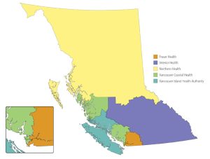 Colour-coded map of BC showing different regions covered by five health authorities